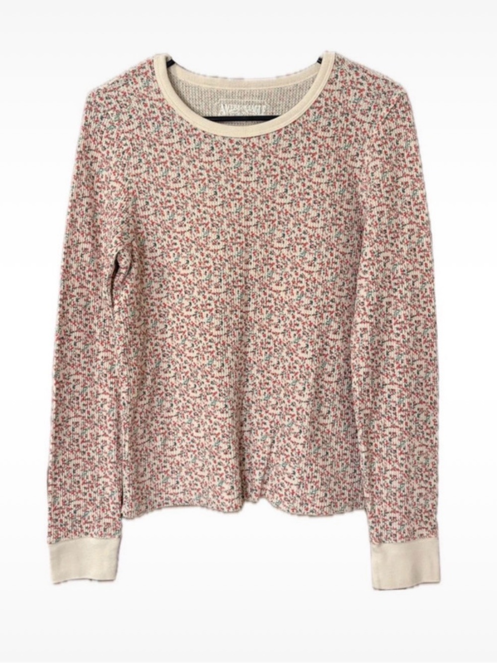 American Eagle Outfitters Cream Crewneck Sweater with Pink Floral Print